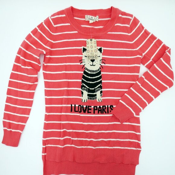 NWT Pink Republic Girls' Coral Striped "I Love Paris" Sweater L 14 Hi-Lo Hem - Picture 1 of 9